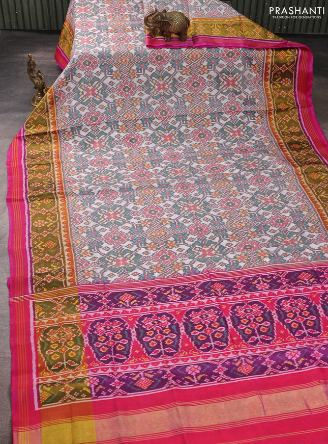 Rajkot patola silk saree off white grey and pink with allover ikat weaves and ikat woven zari border
