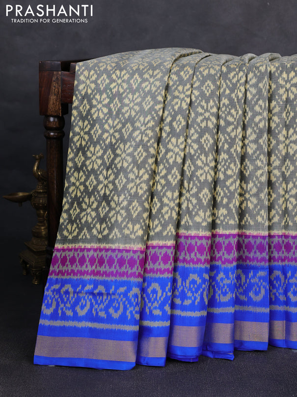 Rajkot patola silk saree grey and royal blue with allover ikat weaves and ikat woven zari border
