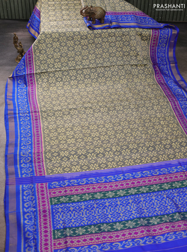 Rajkot patola silk saree grey and royal blue with allover ikat weaves and ikat woven zari border