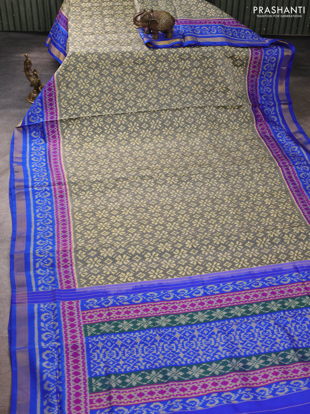 Rajkot patola silk saree grey and royal blue with allover ikat weaves and ikat woven zari border