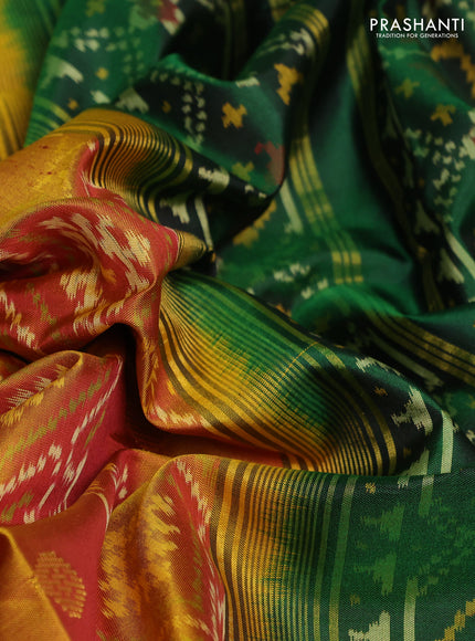 Rajkot patola silk saree dual shade of dark mustard and maroon bottle green with allover ikat weaves & zari buttas and ganga jamuna border