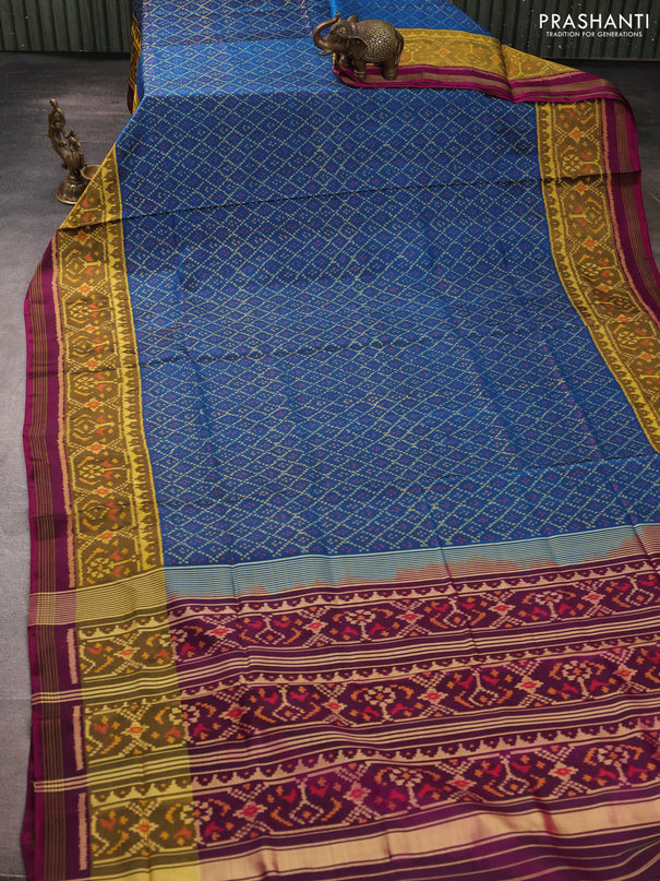 Rajkot patola silk saree cs blue and purple with allover ikat weaves and zari woven ikat border