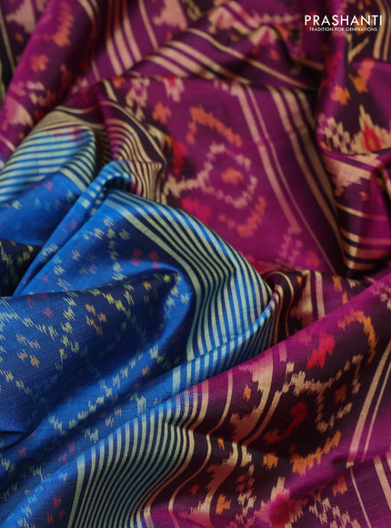 Rajkot patola silk saree cs blue and purple with allover ikat weaves and zari woven ikat border