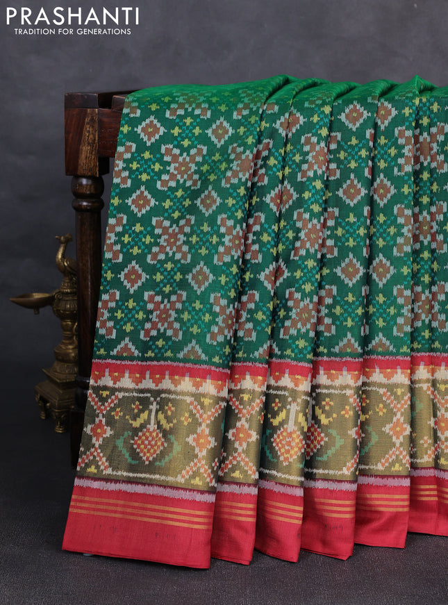 Rajkot patola silk saree bottle green and maroon with allover ikat weaves and zari woven ikat border