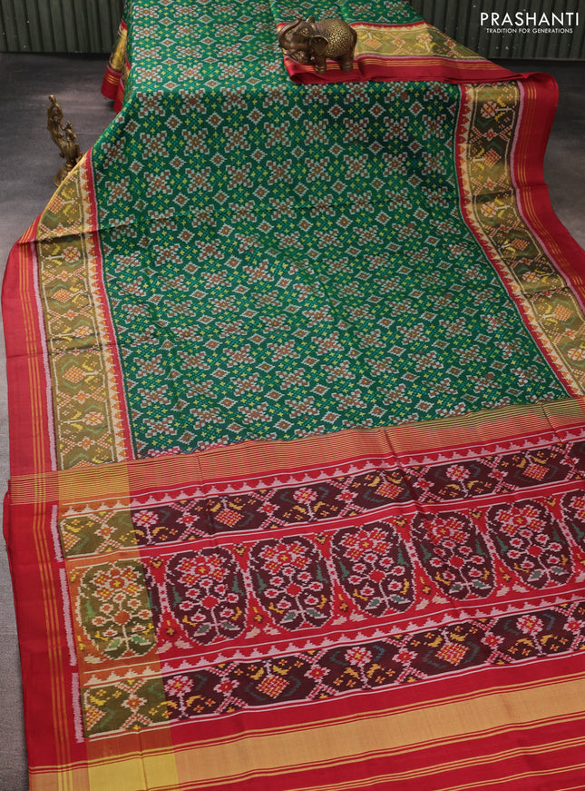 Rajkot patola silk saree bottle green and maroon with allover ikat weaves and zari woven ikat border