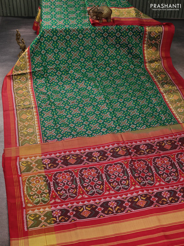 Rajkot patola silk saree bottle green and maroon with allover ikat weaves and zari woven ikat border