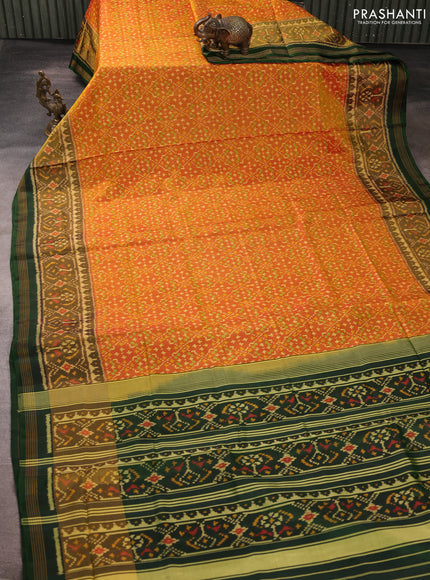 Rajkot patola silk saree dual shade of sunset orange and bottle green with allover ikat weaves and zari woven ikat border