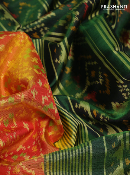 Rajkot patola silk saree dual shade of sunset orange and bottle green with allover ikat weaves and zari woven ikat border
