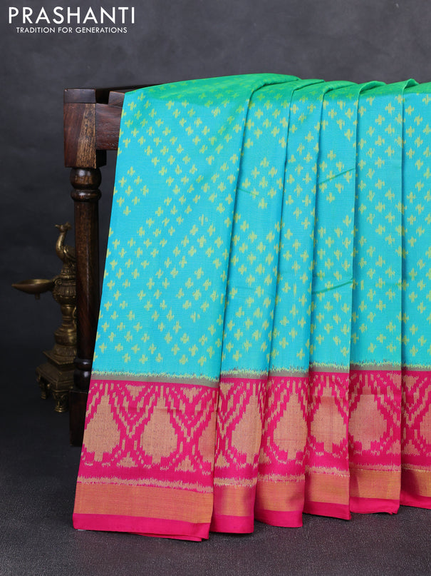 Rajkot patola silk saree teal green and pink with allover ikat weaves and ikat woven zari border