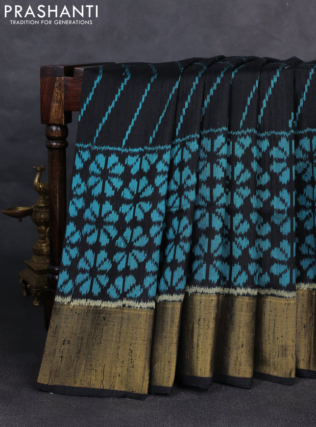 Rajkot patola silk saree black with allover ikat weaves & jute finish and ikat woven zari border