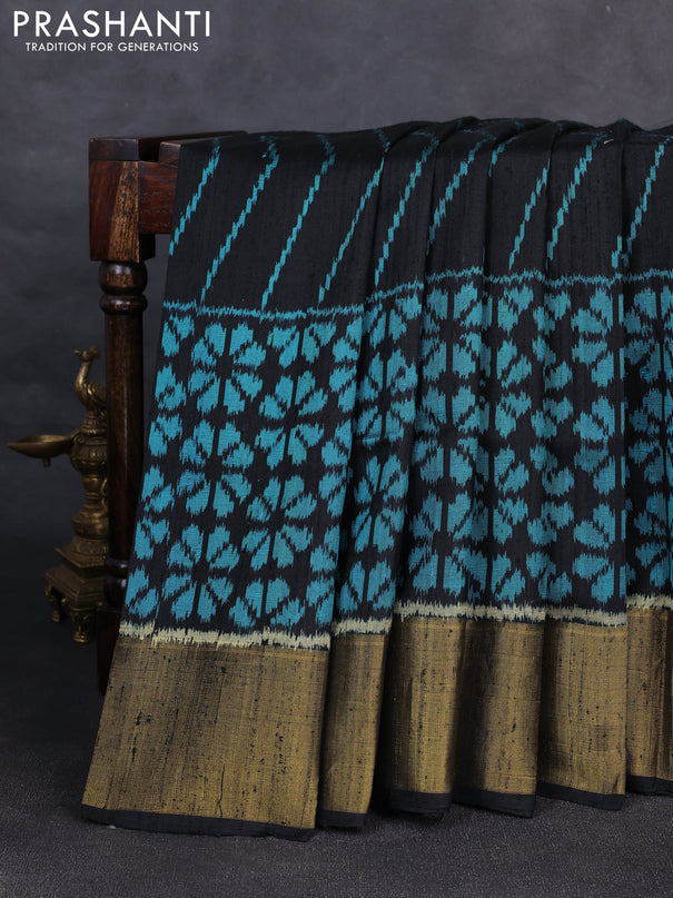 Rajkot patola silk saree black with allover ikat weaves & jute finish and ikat woven zari border
