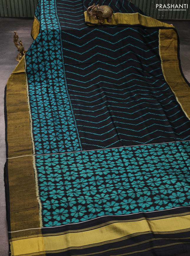 Rajkot patola silk saree black with allover ikat weaves & jute finish and ikat woven zari border