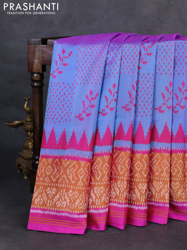 Rajkot patola silk saree dual shade of bluish purple and magenta pink with allover ikat weaves and ikat woven zari border