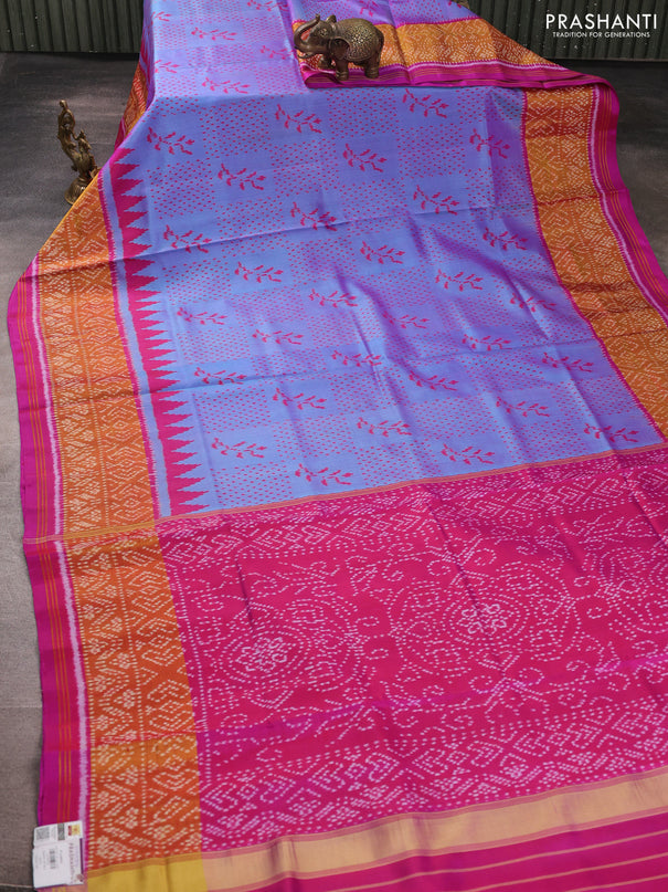 Rajkot patola silk saree dual shade of bluish purple and magenta pink with allover ikat weaves and ikat woven zari border
