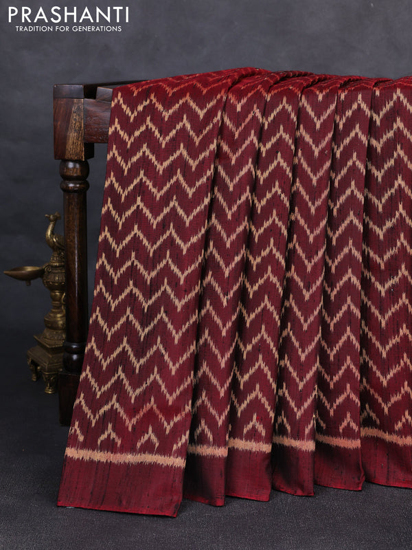 Rajkot patola silk saree maroon with allover zig zag ikat weaves & jute finish and ikat woven simple border