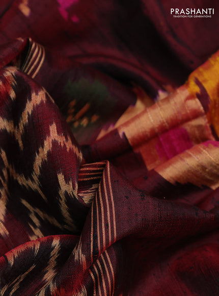 Rajkot patola silk saree maroon with allover zig zag ikat weaves & jute finish and ikat woven simple border