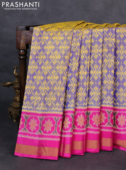 Rajkot patola silk saree dual shade of blue and pink with allover ikat weaves and ikat woven zari border