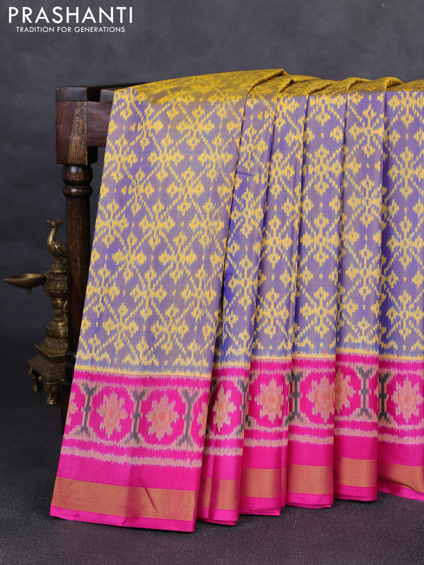 Rajkot patola silk saree dual shade of blue and pink with allover ikat weaves and ikat woven zari border