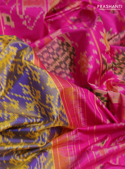 Rajkot patola silk saree dual shade of blue and pink with allover ikat weaves and ikat woven zari border