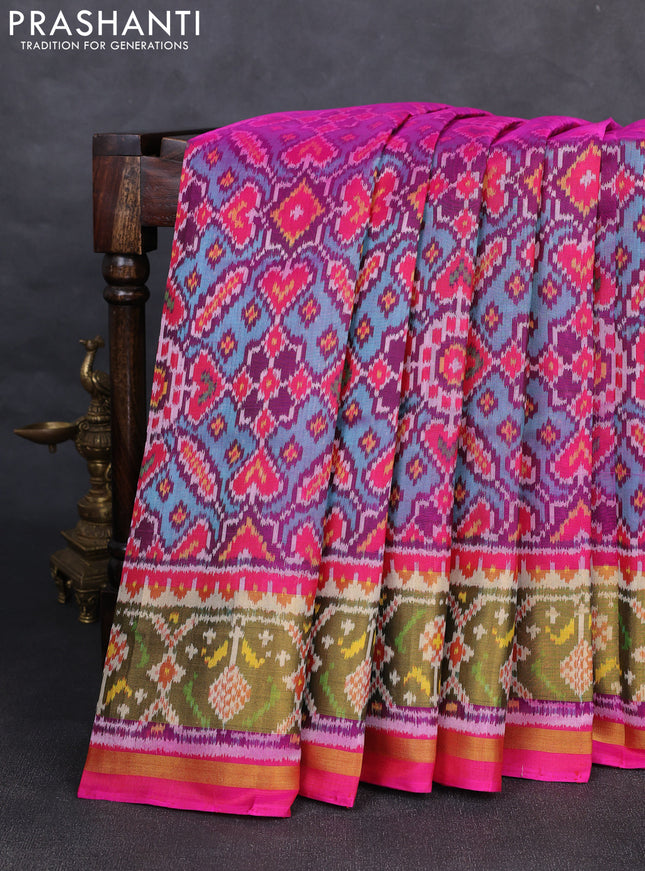 Rajkot patola silk saree teal blue and purple with allover ikat weaves and ikat woven zari border