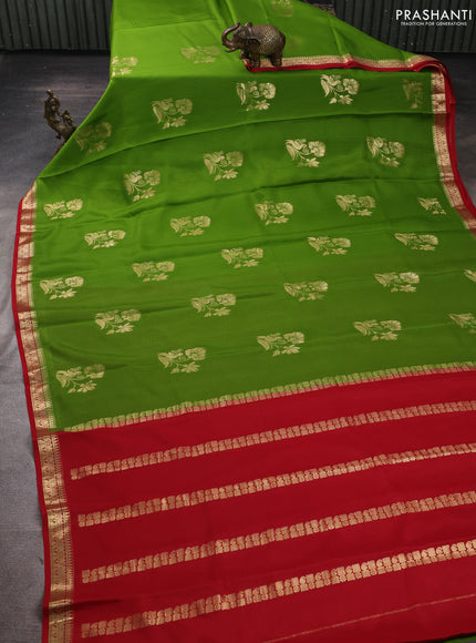Pure mysore silk saree light green and red with zari woven buttas and zari woven border