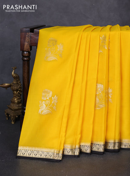 Pure mysore silk saree yellow and dark coffee brown with zari woven buttas and zari woven border