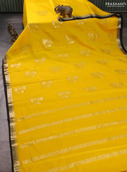 Pure mysore silk saree yellow and dark coffee brown with zari woven buttas and zari woven border