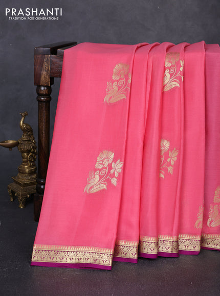 Pure mysore silk saree peach pink and purple with zari woven buttas and zari woven border