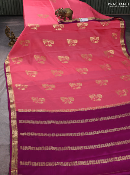 Pure mysore silk saree peach pink and purple with zari woven buttas and zari woven border