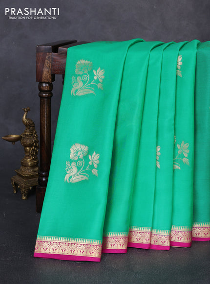 Pure mysore silk saree teal green and pink with zari woven buttas and zari woven border