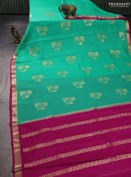 Pure mysore silk saree teal green and pink with zari woven buttas and zari woven border