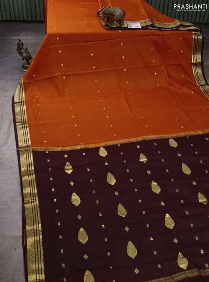 Pure mysore silk saree rustic orange and coffee brown with zari woven buttas and zari woven border