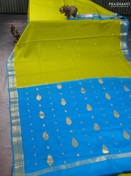 Pure mysore silk saree light green and blue with zari woven buttas and zari woven border