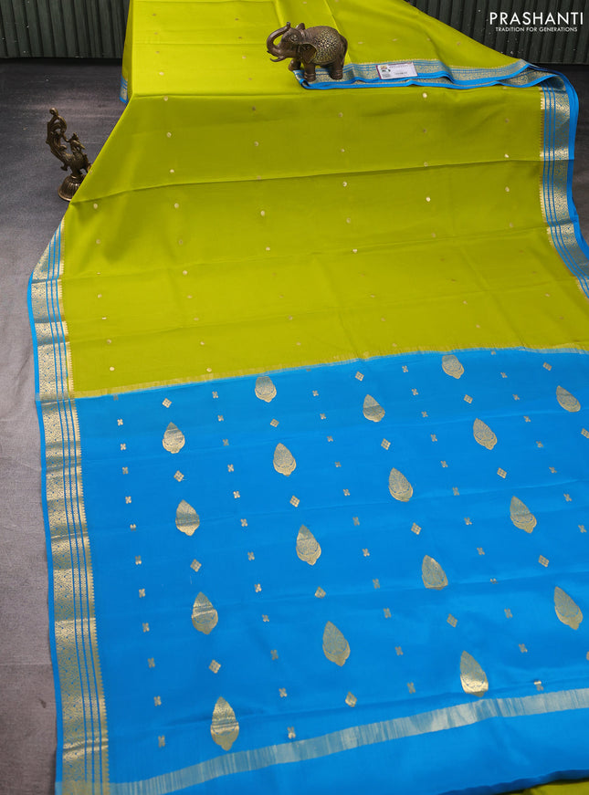 Pure mysore silk saree light green and blue with zari woven buttas and zari woven border