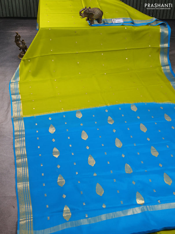Pure mysore silk saree light green and blue with zari woven buttas and zari woven border
