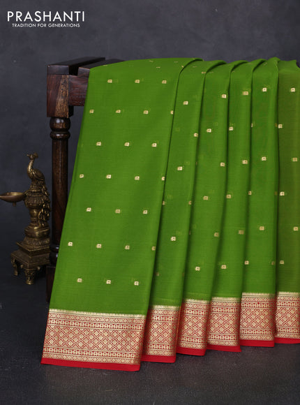 Pure mysore silk saree light green and red with zari woven buttas and zari woven border