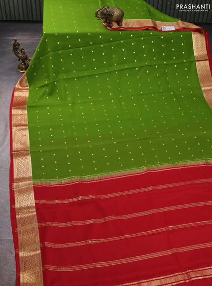 Pure mysore silk saree light green and red with zari woven buttas and zari woven border