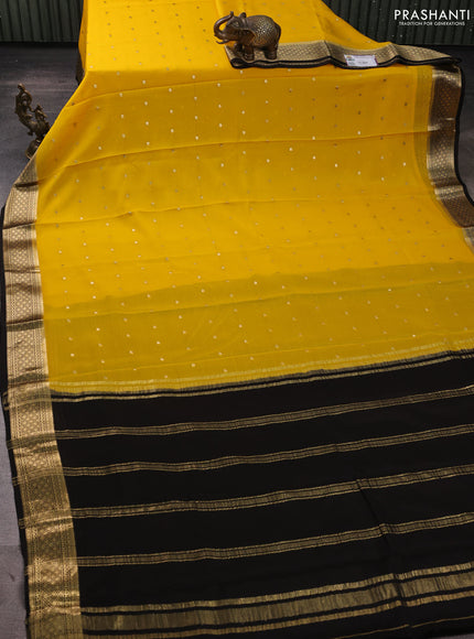 Pure mysore silk saree yellow and dark coffee brown with allover zari buttas and zari woven border