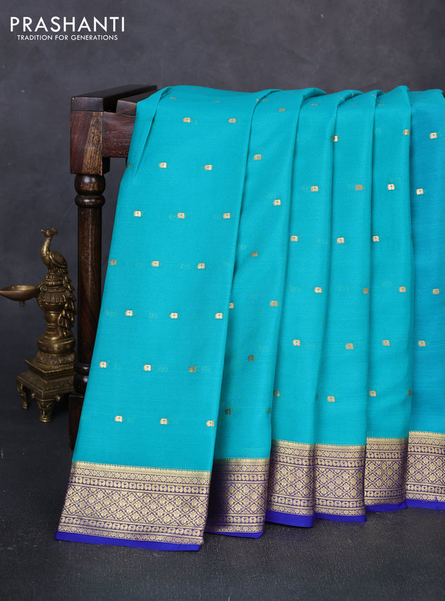 Pure mysore silk saree teal blue and blue with allover zari buttas and zari woven border