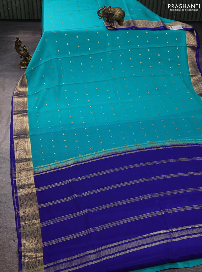 Pure mysore silk saree teal blue and blue with allover zari buttas and zari woven border