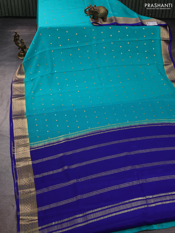 Pure mysore silk saree teal blue and blue with allover zari buttas and zari woven border