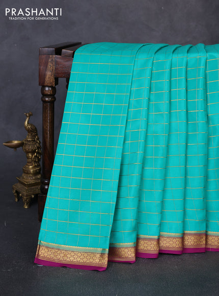 Pure mysore silk saree teal green and purple with allover zari woven checked pattern and zari woven border