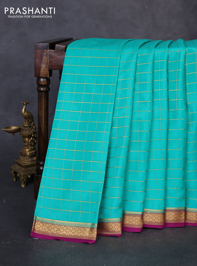 Pure mysore silk saree teal green and purple with allover zari woven checked pattern and zari woven border