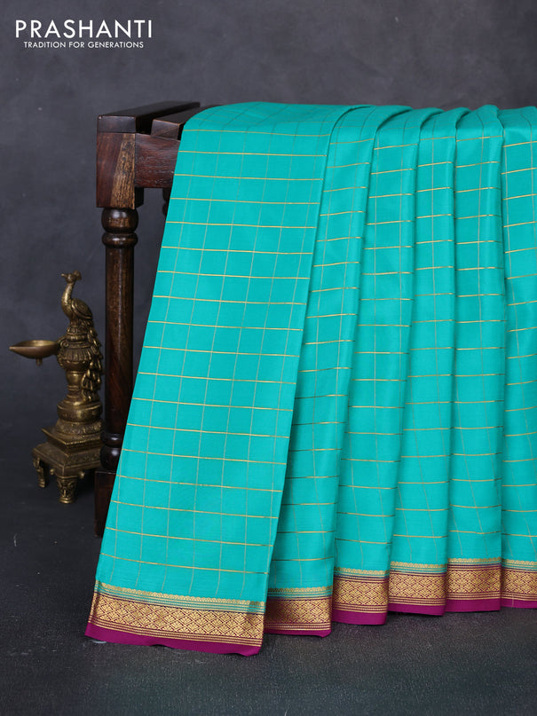 Pure mysore silk saree teal green and purple with allover zari woven checked pattern and zari woven border