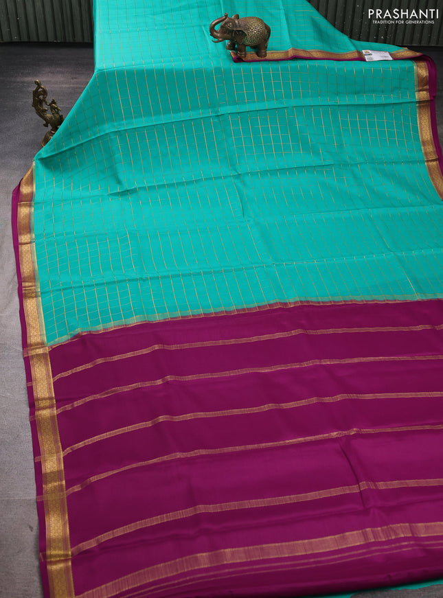 Pure mysore silk saree teal green and purple with allover zari woven checked pattern and zari woven border