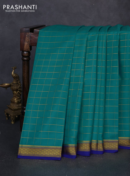 Pure mysore silk saree teal blue and blue with allover zari woven checked pattern and zari woven border