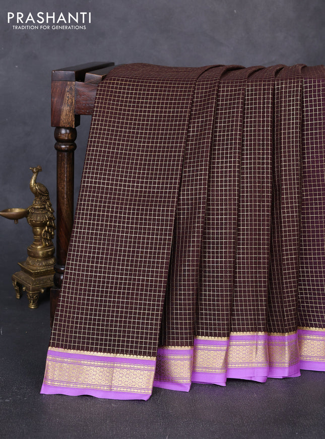Pure mysore silk saree dark coffee brown and lavender with allover small zari checked pattern and zari woven border
