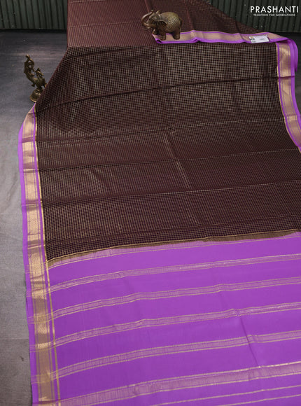 Pure mysore silk saree dark coffee brown and lavender with allover small zari checked pattern and zari woven border