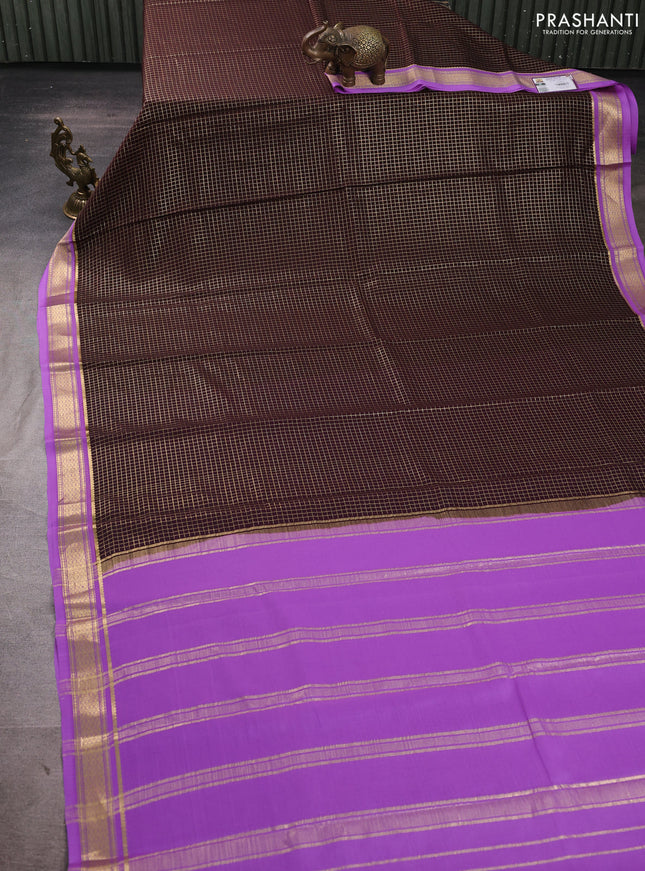 Pure mysore silk saree dark coffee brown and lavender with allover small zari checked pattern and zari woven border
