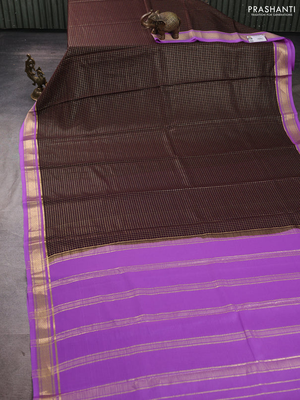 Pure mysore silk saree dark coffee brown and lavender with allover small zari checked pattern and zari woven border
